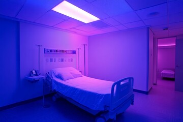Empty hospital room, purple lighting, single bed.