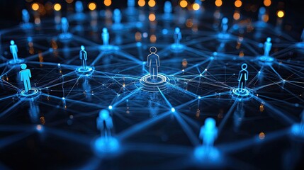 A network of interconnected people, represented by blue figures, symbolizing communication and connection in a digital world.