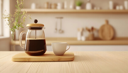 Aromatic coffee in a French press, served with a cup, on a wooden board in a cozy kitchen setting.  Perfect for morning routine or breakfast themes.
