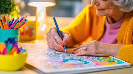 longevity lifestyle vitality concept. An elderly woman enjoys coloring in a vibrant art book at a cozy table.
