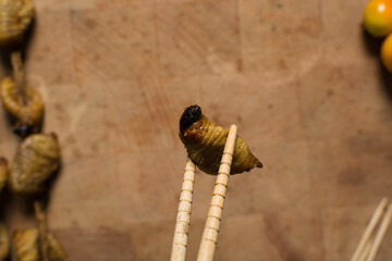 Overhead view of roasted sago worms in chopsticks, top view of palm worms on wood background, flatlay view of roasted grub worms