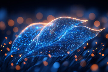 Glowing wireframe pampas grass plumes on a transparent background, highlighted by a combination of blue and black data points


