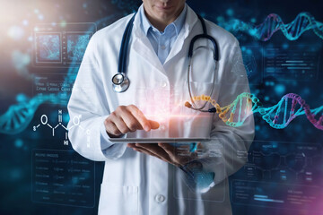 Médico usando una Tablet en un entorno con hologramas tecnológicos. Grado con IA