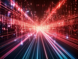 Abstract Red And Blue Light Streaks Converge In A Digital Cityscape