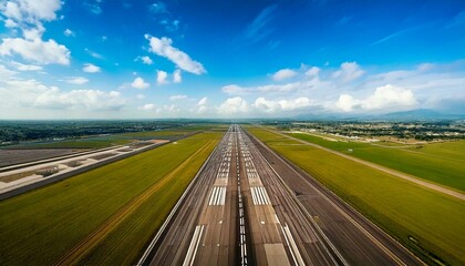 Fototapeta premium Vue aérienne d'une piste d'aéroport sous un ciel bleu Generated image