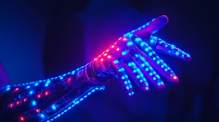 Robotic hand, glowing, blue and red lights.