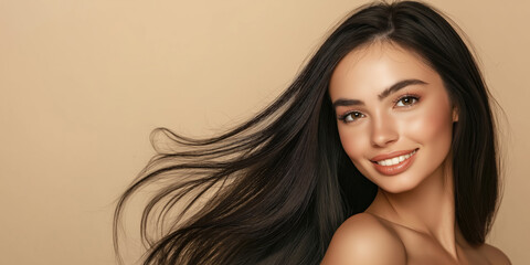 Fototapeta premium A beautiful woman of European appearance, a brunette with long hair on a light background, an advertising banner, an advertisement for shampoo, hair care.