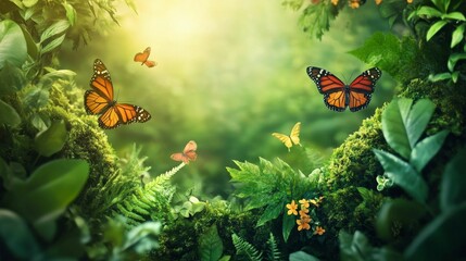 Lush greenery, vibrant butterflies, idyllic jungle scene.