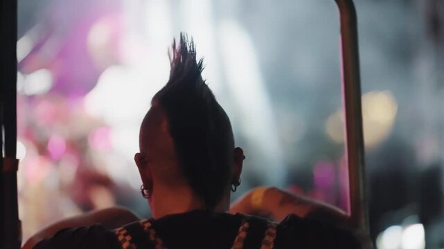 Punk person with a distinctive mohawk hairstyle stands at the edge of a concert stage, illuminated by vibrant and colorful lights in the background.
