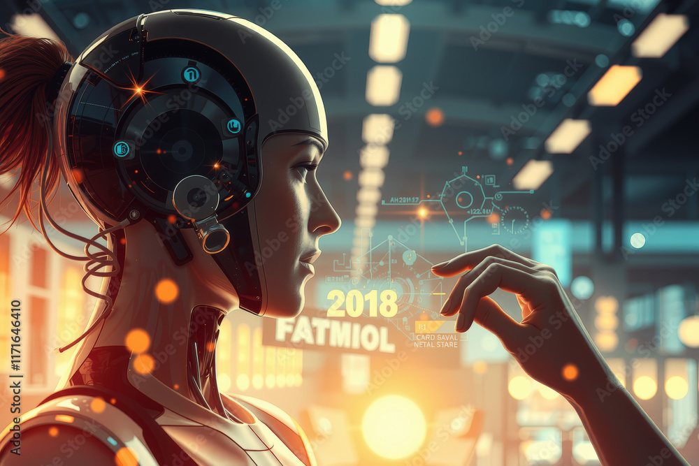 Poster futuristic humanoid robot with sleek design interacts with digital interface in high tech environmen