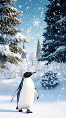 Obraz premium Emperor penguin walking in snowy forest during snowfall