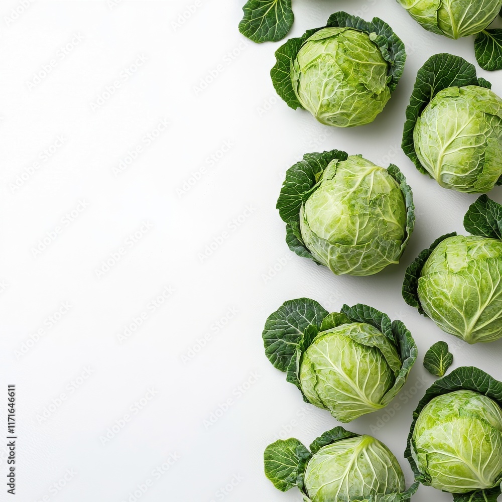 Poster fresh green cabbages arranged neatly on a white background for culinary use and presentation