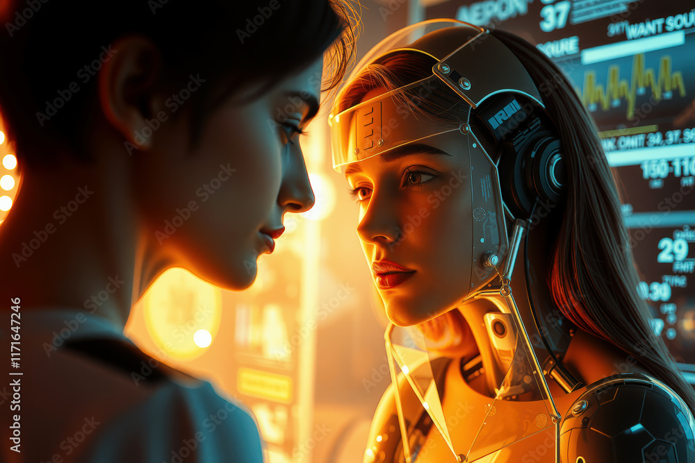 Aufkleber human and humanoid robot face each other futuristic setting, illuminated by warm, glowing lights and
