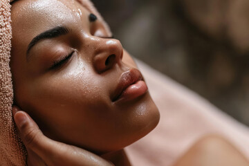 Naklejka premium A girl in a relaxing spa atmosphere, surrounded by aromatherapy and comfort, is ideal for promoting wellness services