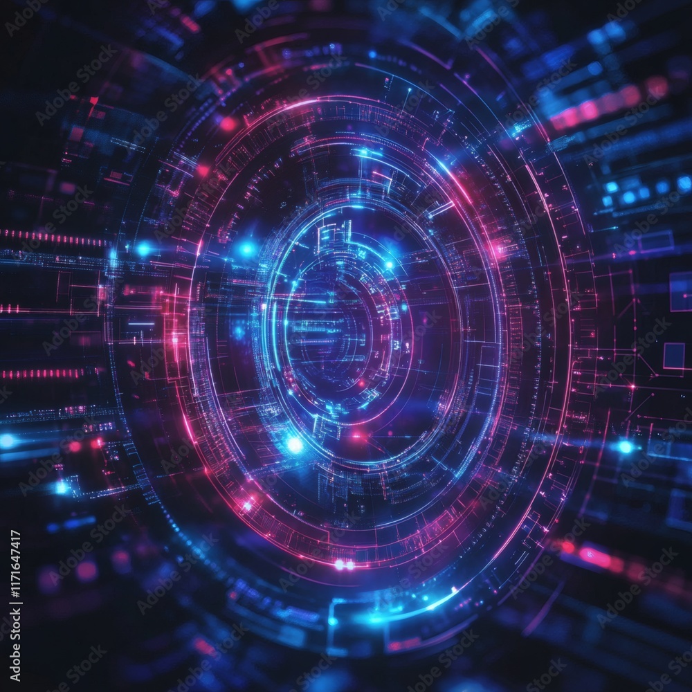 Poster technology background with futuristic holographic interfaces and interactive digital displays