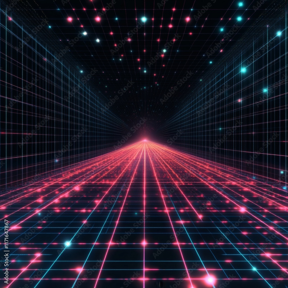 Poster technology background featuring digital grids and illuminated pathways