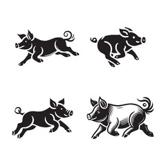 Running Pig Silhouette Vector Set - Dynamic Farm Animal Illustrations in Black and White