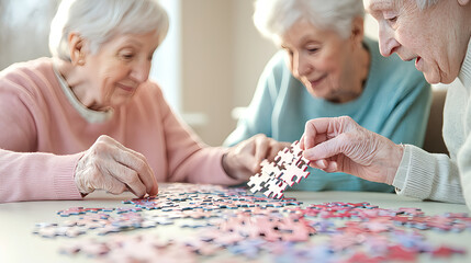 longevity lifestyle vitality concept. Three elderly women solving a jigsaw puzzle together, showcasing camaraderie and engagement in an activity.