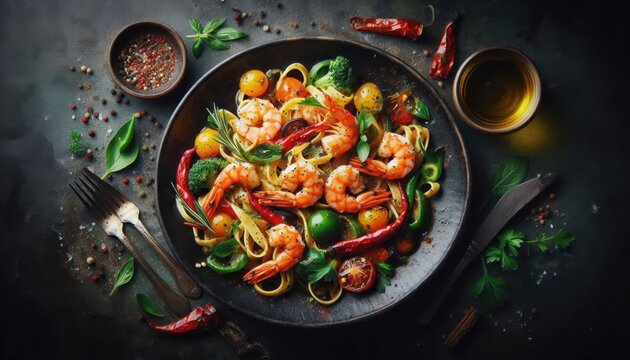 Colorful pasta dish, juicy shrimp, vibrant vegetables, spaghetti noodles, dark ceramic plate, rustic background, overhead view, moody lighting, food photography, gourmet cuisine, Italian inspired, ric