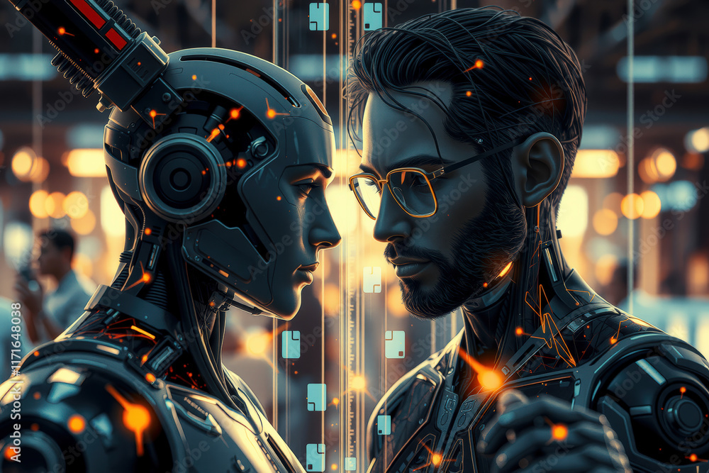 Aufkleber futuristic scene depicts human and robot facing each other, symbolizing merging of technology and hu