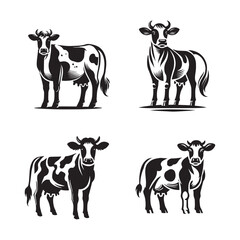 Standing Cow Silhouette Vector Set - Farm Animal Illustrations in Black and White	
