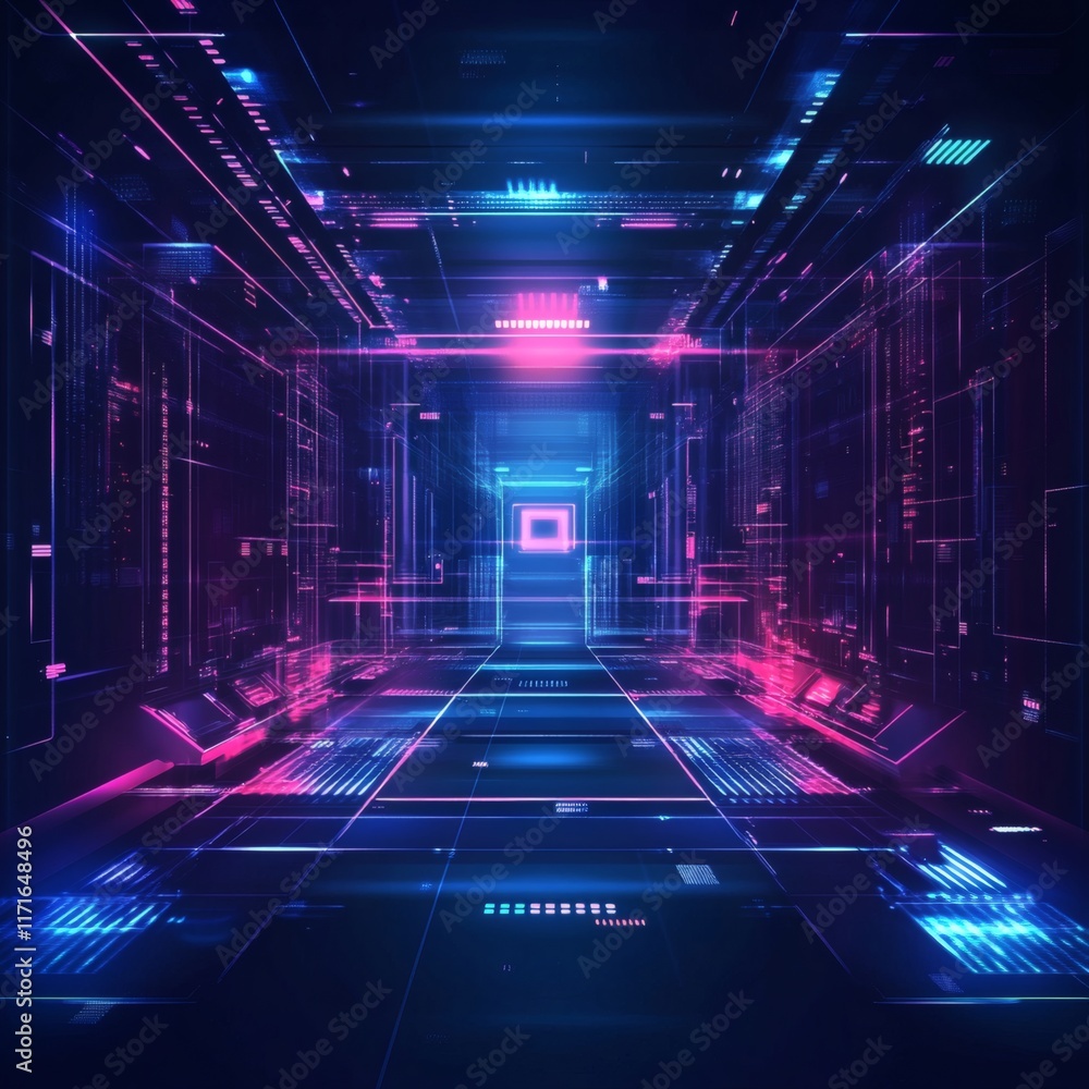 Poster technology background with futuristic holographic interfaces and interactive digital displays