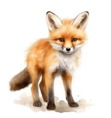 Cute fox cub made in watercolor: bright colors, playful look and soft lines convey charm