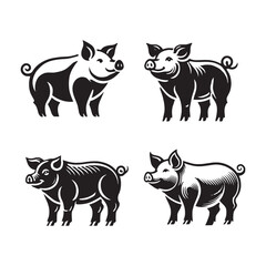  Standing Pig Silhouette Vector Set - Farm Animal Illustrations in Black and White