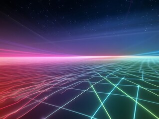 Fototapeta premium Neon Grid Landscape Under Starlit Sky