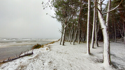 Dębki zimą. Ujście rzeki Piaśnicy do Bałtyku.