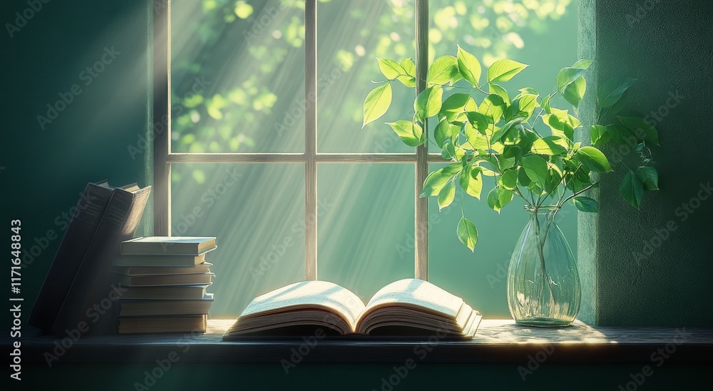 Poster sunlight streams through a window illuminating an open book and potted plant on a cozy windowsill