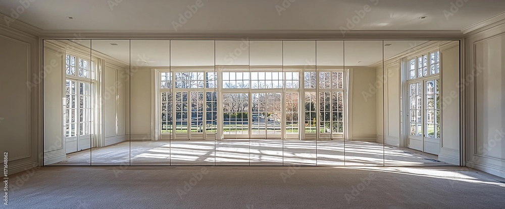 Poster sunlit empty room with mirrored walls and large windows.