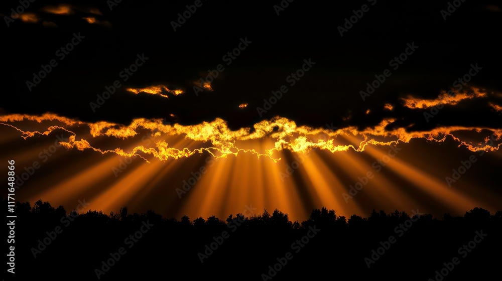 Poster radiant sun rays breaking through darkness isolated on a deep black background creating a striking c