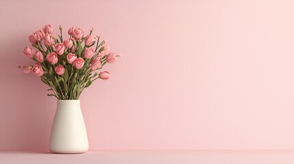 Fototapeta premium Valentine's Day Elegant Pink Roses in White Vase Minimalist Pink Background Romantic Floral Arrangement