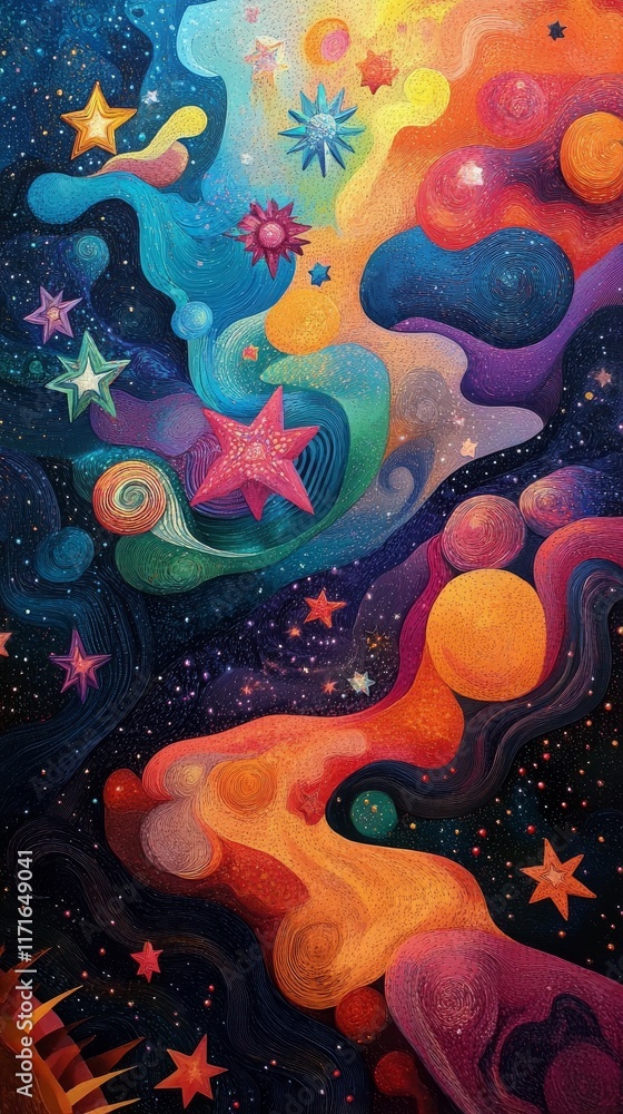 Poster vibrant abstract cosmic art depicting swirling colors and celestial elements in a dynamic compositio