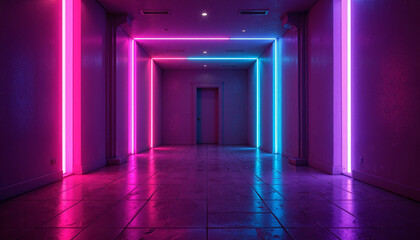 Neon-lit corridor with pink and blue LED lights on walls
