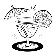 Hand drawn icon of a cocktail with an umbrella and a slice of lemon