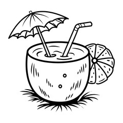 Hand drawn icon of a coconut drink with a straw and umbrella