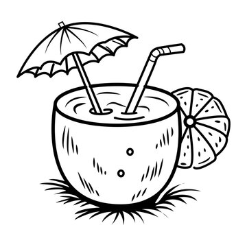 Hand drawn icon of a coconut drink with a straw and umbrella