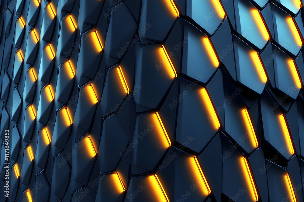 Poster abstract dark blue hexagonal pattern with illuminated orange lines, futuristic technology background