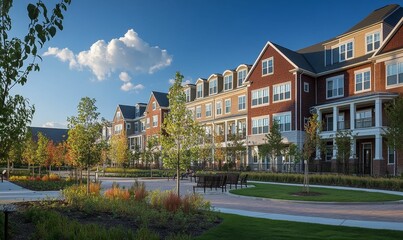 Townhouses, landscaping, pathway, sunny day, tranquil scene.