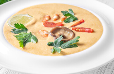 Creamy Tom Yum Soup with Shrimp and Coconut Milk, Thai Cuisine