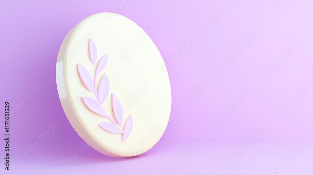 Poster a circular, cream-colored object with a delicate leaf design rests against a soft lavender backgroun