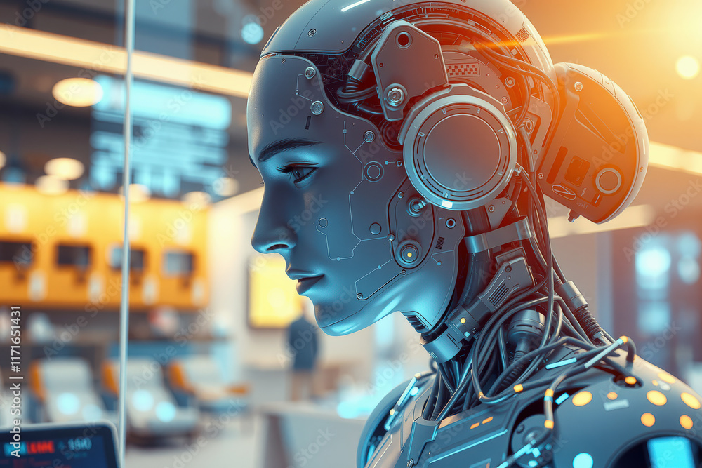 Aufkleber futuristic humanoid robot with intricate circuitry and glowing elements is depicted in modern settin