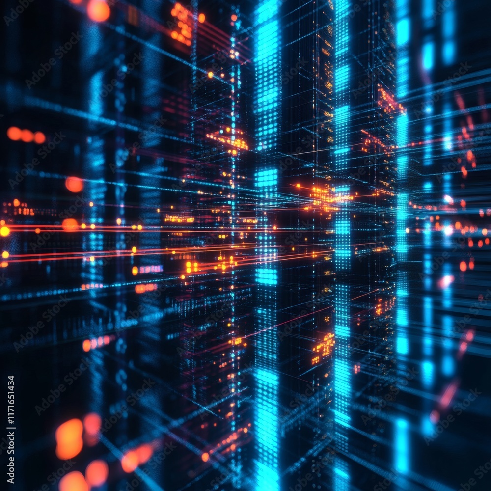 Poster technology background with glowing data nodes and seamless connectivity