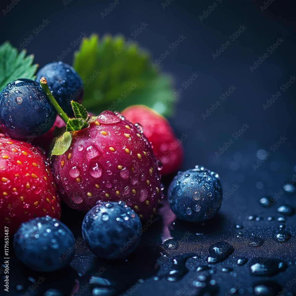Poster fresh berries with dew drops on a dark surface create a vibrant still life display filled with color