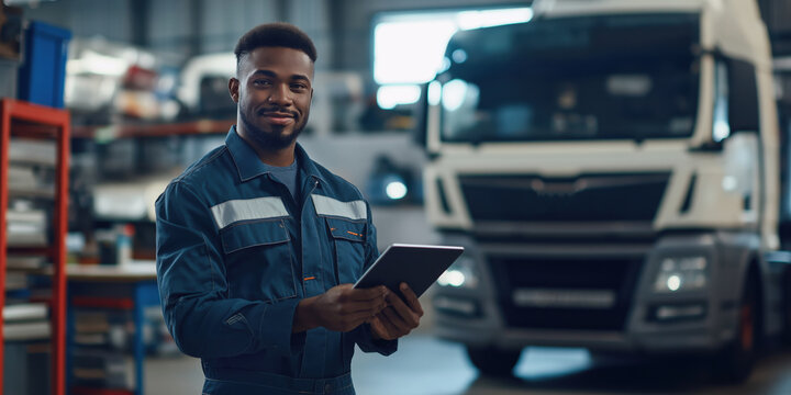 A handsome African-American male mechanic stands in a modern heavy truck repair shop on the right. A mechanic stands in front of a large truck. The car repair shop's advertising banner.