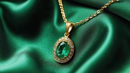 Elegant emerald pendant shining on green silk background