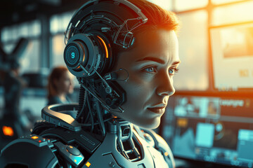 humanoid robot with advanced AI technology is focused in futuristic control room, illuminated by warm light. scene conveys innovation and technological advancement