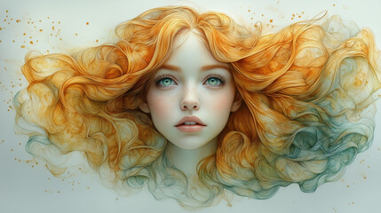 Woman with flowing hair expressing tranquility against a light background